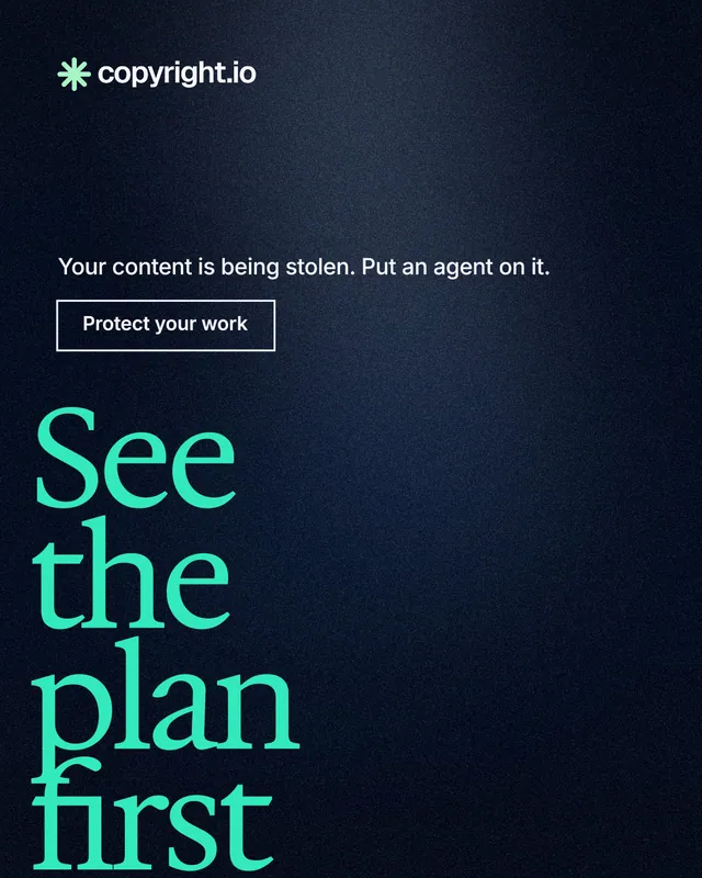 Instagram portrait post for copyright.io: "See the plan first." Dark deco style, oversized layout, dark palette in blue, black, teal.