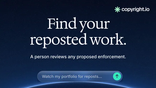 Landscape graphic for copyright.io: "Find your reposted work." Agentic glass style, centred layout, dark palette in black, blue.