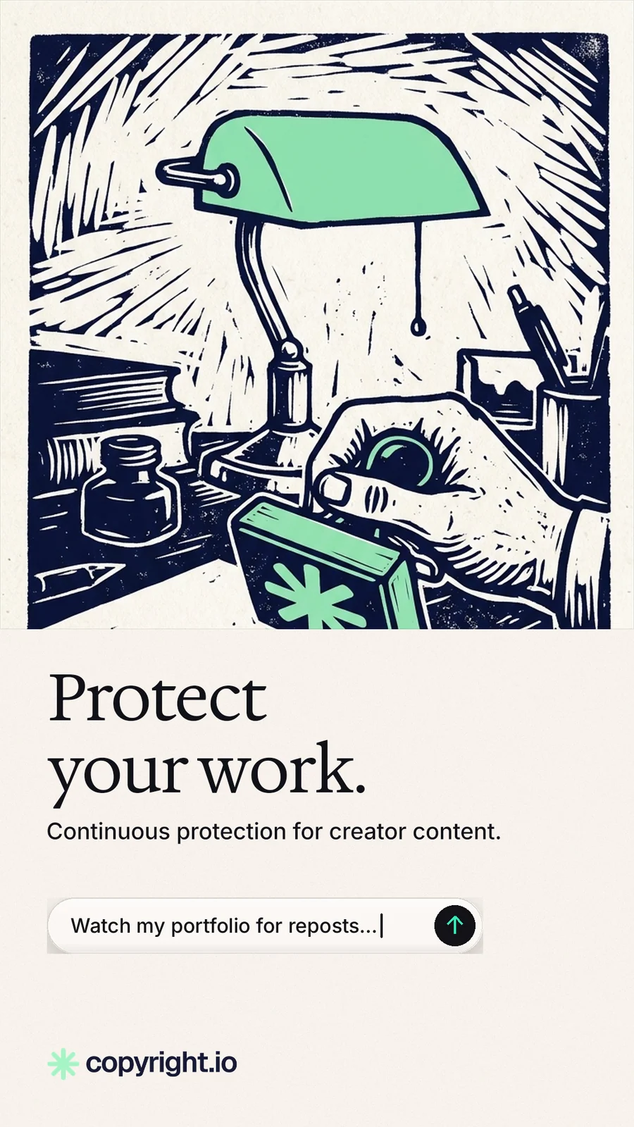 Instagram story for copyright.io: "Protect your work." Agentic glass style, bottom layout, light palette in white, grey.