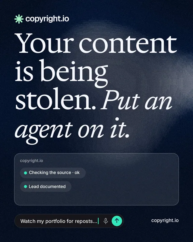 Instagram portrait post for copyright.io: "Your content is being stolen. Put an agent on it." Thermal style, poster layout, dark palette in blue, black, grey.