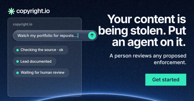 Social ad for copyright.io: "Your content is being stolen. Put an agent on it." Swiss style, right layout, dark palette in blue, black, teal.