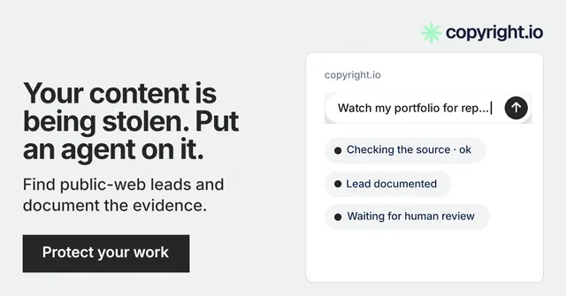 Social ad for copyright.io: "Your content is being stolen. Put an agent on it." Swiss style, bottom layout, light palette in white, grey.