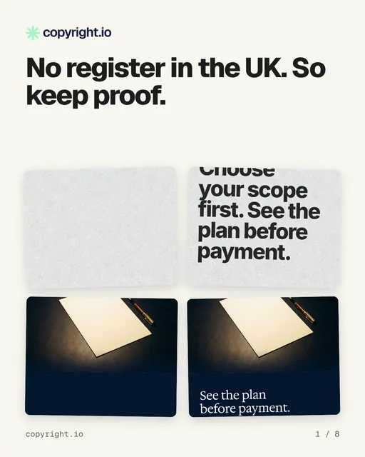 Carousel for copyright.io: "No register in the UK. So keep proof.". Collection carousel, 8 slides, light palette.