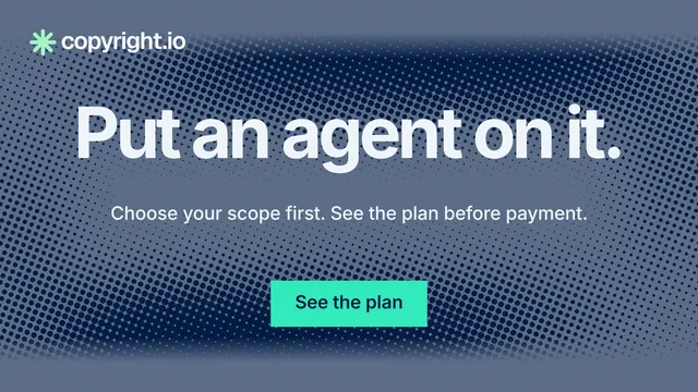 Landscape graphic for copyright.io: "Put an agent on it." Swiss style, centred layout, dark palette in blue, teal.