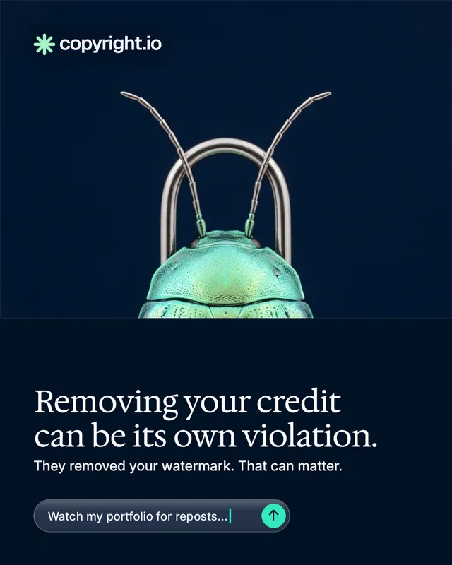 Instagram portrait post for copyright.io: "Removing your credit can be its own violation." Agentic glass style, bottom layout, dark palette in black, blue.