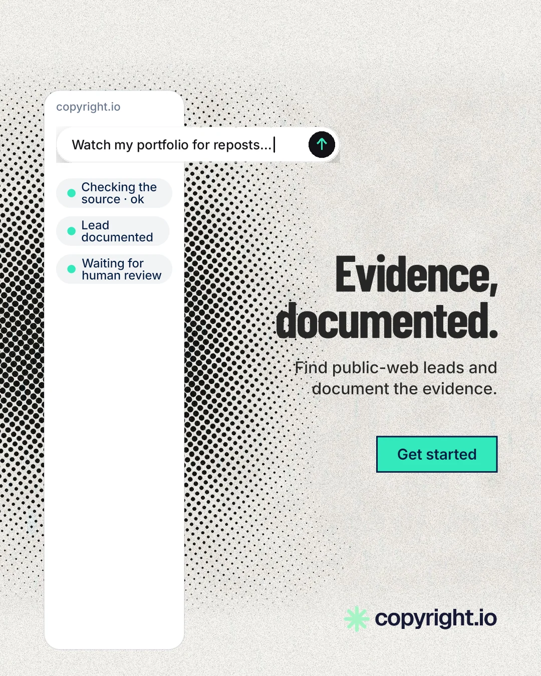 Instagram portrait post for copyright.io: "Evidence, documented." Ink sticker style, right layout, light palette in white, grey.