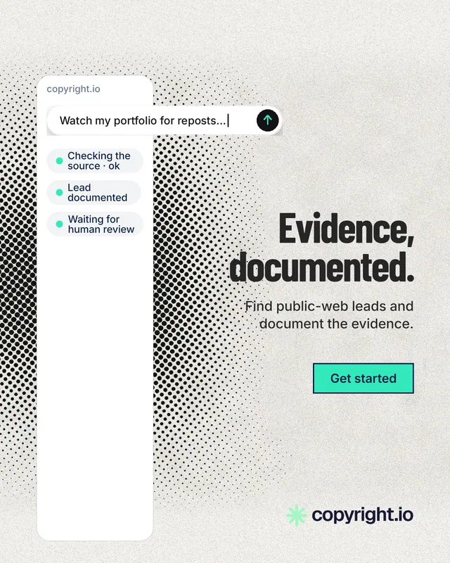 Instagram portrait post for copyright.io: "Evidence, documented." Ink sticker style, right layout, light palette in white, grey.