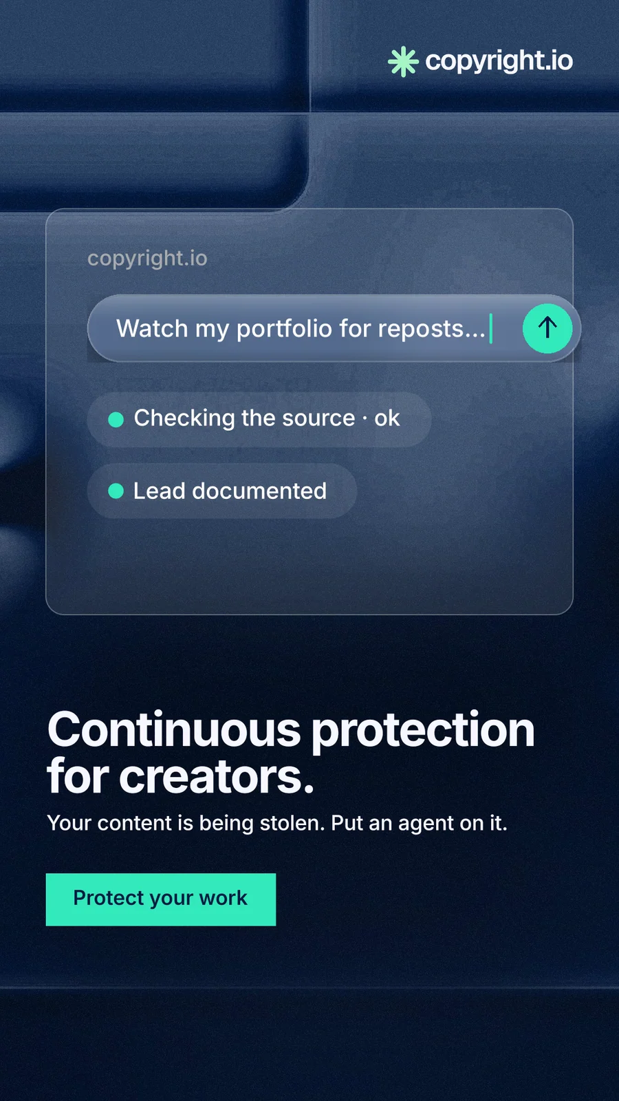 Instagram story for copyright.io: "Continuous protection for creators." Swiss style, bottom layout, dark palette in blue, black.
