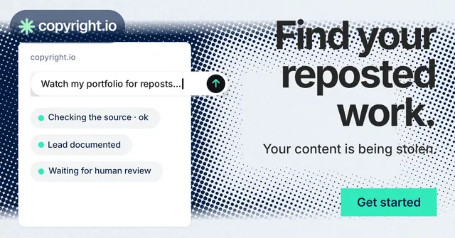 Social ad for copyright.io: "Find your reposted work." Swiss style, right layout, light palette in white, grey, blue.