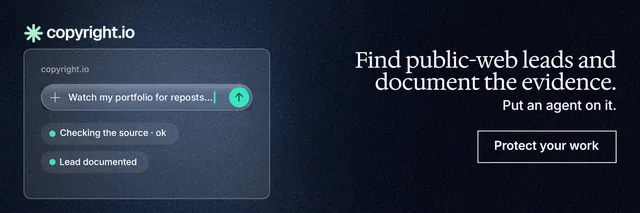 X header for copyright.io: "Find public-web leads and document the evidence." Dark deco style, right layout, dark palette in grey, blue, black.