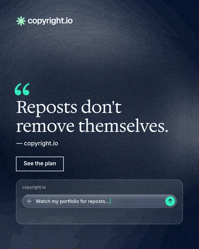 Instagram portrait post for copyright.io: "Reposts don't remove themselves." Cyanotype style, quote layout, dark palette in blue, grey.