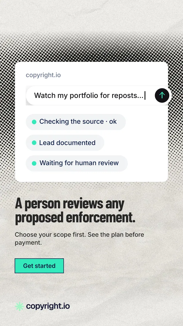 Instagram story for copyright.io: "A person reviews any proposed enforcement." Ink sticker style, bottom layout, light palette in white, grey.