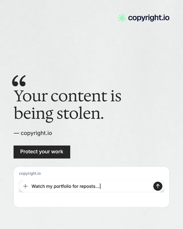 Instagram portrait post for copyright.io: "Your content is being stolen." Swiss style, quote layout, light palette in white, grey.