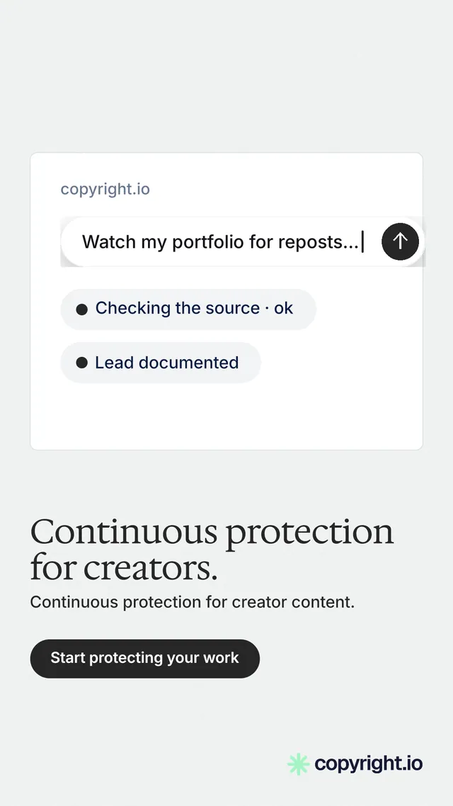 Instagram story for copyright.io: "Continuous protection for creators." Data card style, bottom layout, light palette in white.