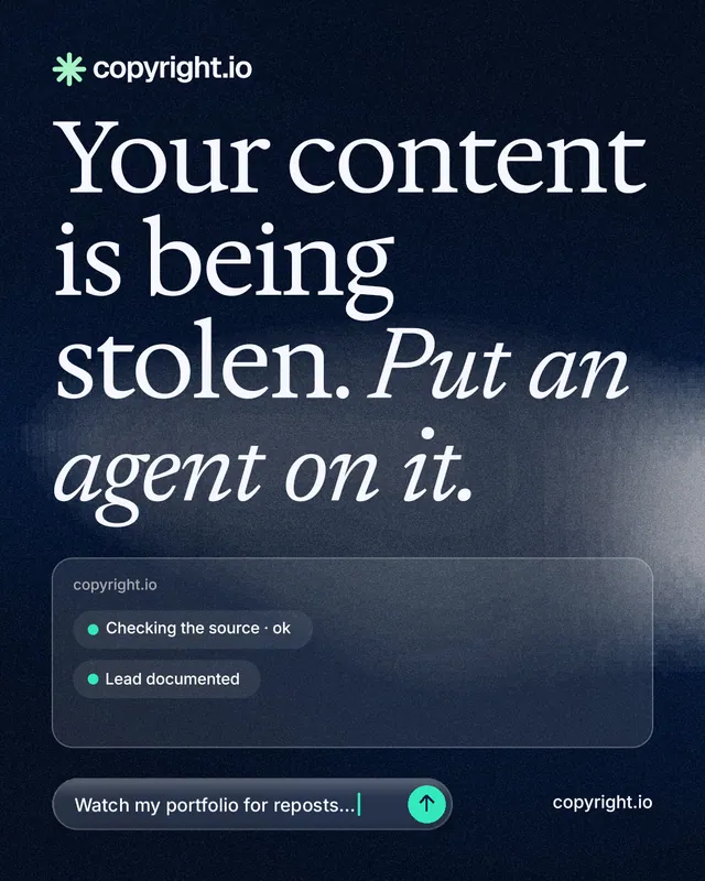 Instagram portrait post for copyright.io: "Your content is being stolen. Put an agent on it." Thermal style, poster layout, dark palette in blue, black, grey.