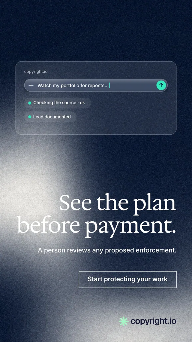 Instagram story for copyright.io: "See the plan before payment." Cyanotype style, right layout, dark palette in black, blue, grey.
