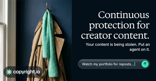 Social ad for copyright.io: "Continuous protection for creator content." Agentic glass style, right layout, dark palette in black, grey.