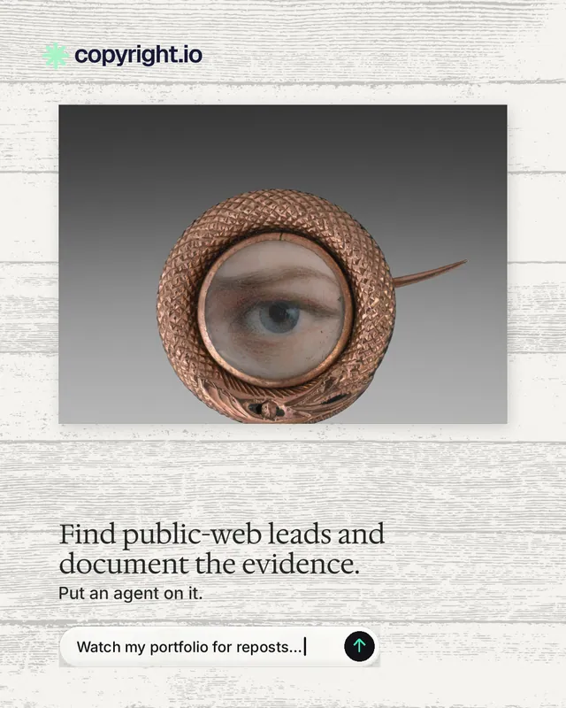 Instagram portrait post for copyright.io: "Find public-web leads and document the evidence." Agentic glass style, bottom layout, light palette in white, grey.