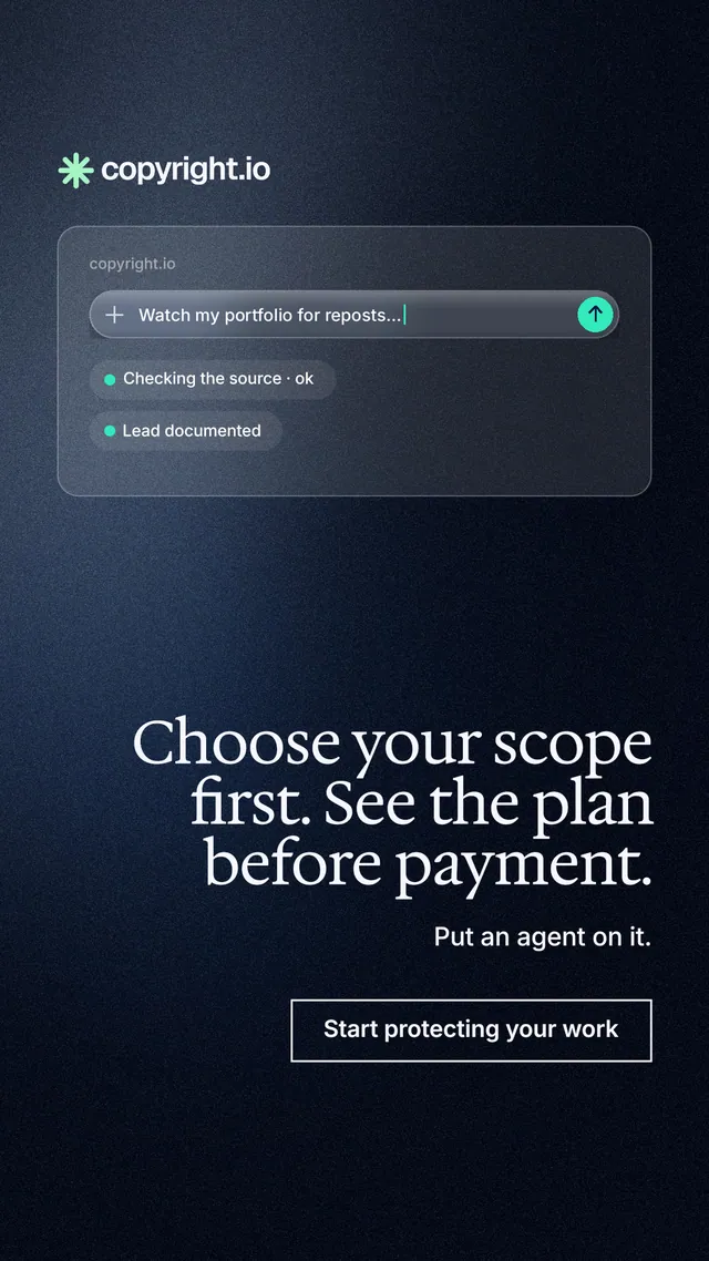 Instagram story for copyright.io: "Choose your scope first. See the plan before payment." Dark deco style, right layout, dark palette in blue, black, grey.