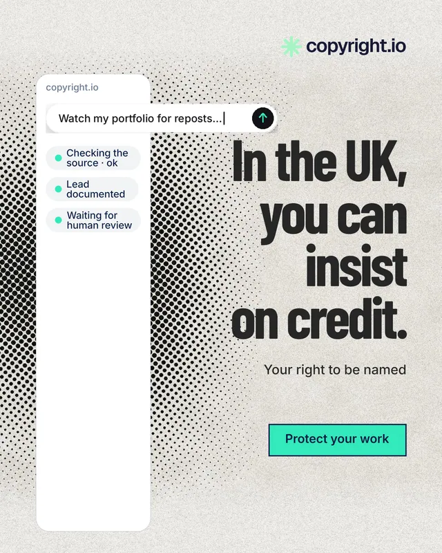 Instagram portrait post for copyright.io: "In the UK, you can insist on credit." Ink sticker style, right layout, light palette in white, grey.