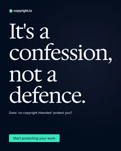 Video for copyright.io: "It's a confession, not a defence.". Doc motion loop, 7.0 s, dark palette.