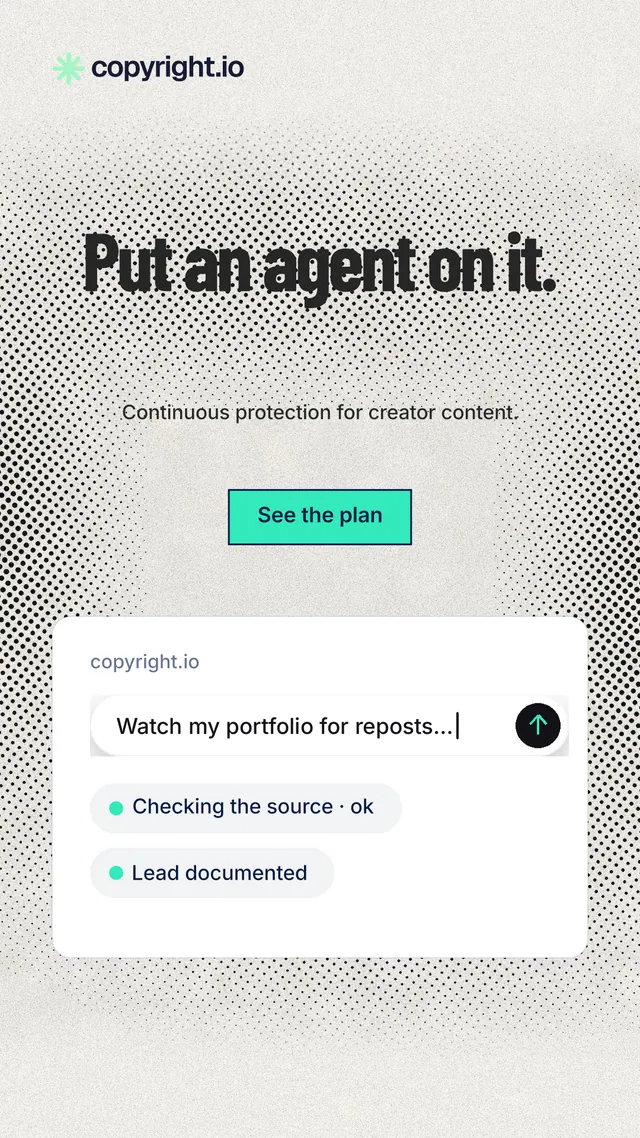 Instagram story for copyright.io: "Put an agent on it." Ink sticker style, centred layout, light palette in white, grey.