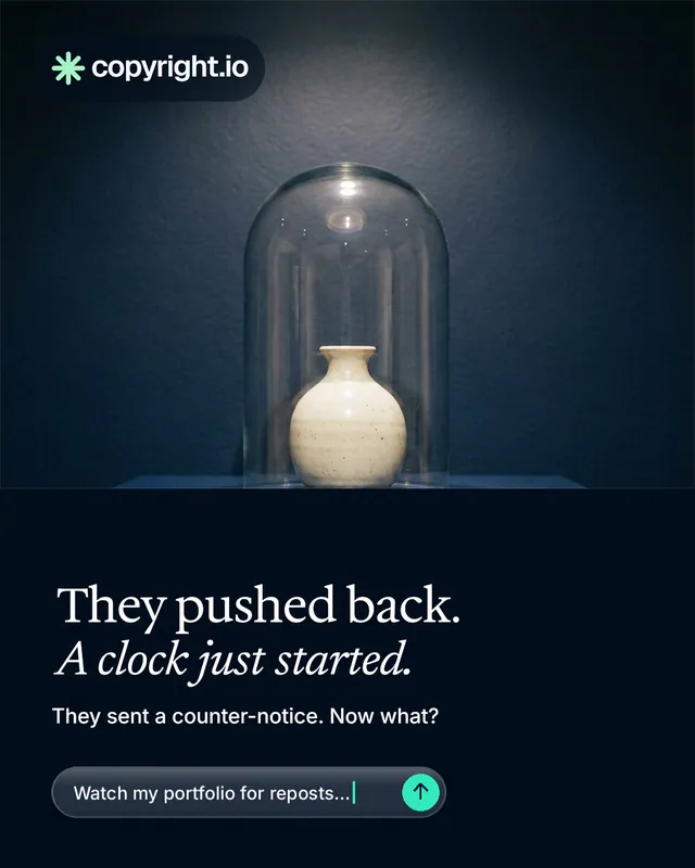 Instagram portrait post for copyright.io: "They pushed back. A clock just started." Agentic glass style, bottom layout, dark palette in blue, black, grey.