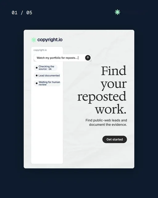Video for copyright.io. Ad flipbook, 7.5 s, light palette.