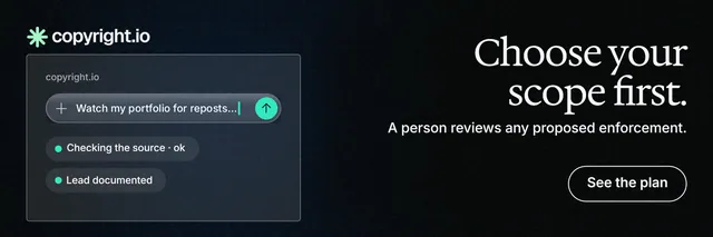 X header for copyright.io: "Choose your scope first." Phosphor atlas style, right layout, dark palette in black, grey.