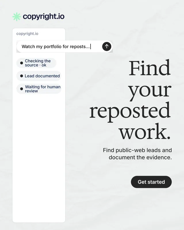 Instagram portrait post for copyright.io: "Find your reposted work." Data card style, right layout, light palette in white, grey.