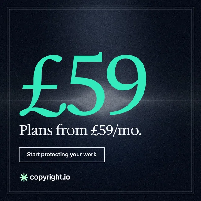 Instagram post for copyright.io: "Your content is being stolen. Put an agent on it." Dark deco style, stat layout, dark palette in blue, black, teal.