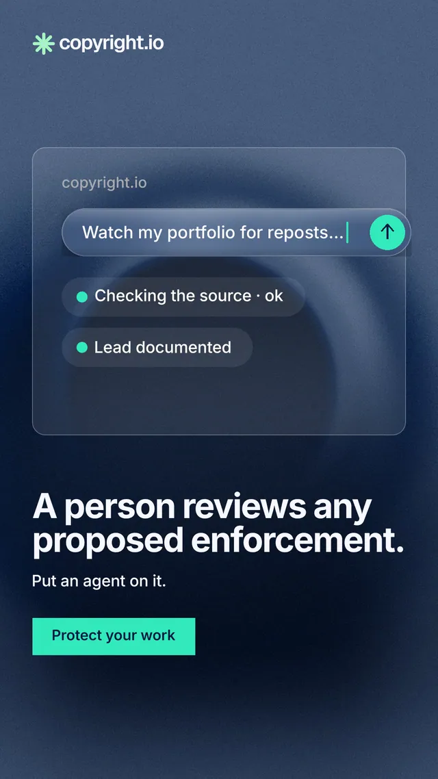 Instagram story for copyright.io: "A person reviews any proposed enforcement." Swiss style, bottom layout, dark palette in blue, black.