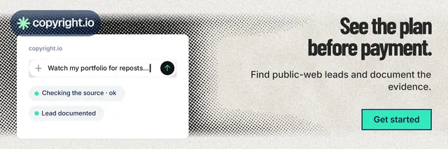 X header for copyright.io: "See the plan before payment." Ink sticker style, right layout, light palette in white, grey.