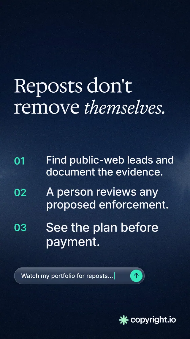Instagram story for copyright.io: "Reposts don't remove themselves." Agentic glass style, numbered layout, dark palette in blue, black.