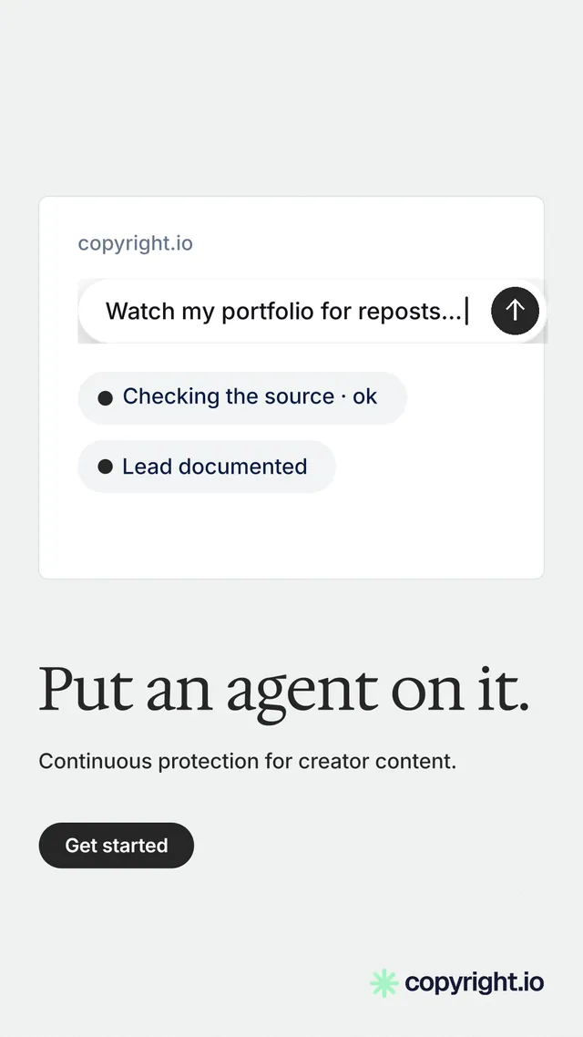 Instagram story for copyright.io: "Put an agent on it." Data card style, bottom layout, light palette in white.