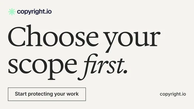 Landscape graphic for copyright.io: "Choose your scope first." Editorial style, poster layout, light palette in white, grey, green.