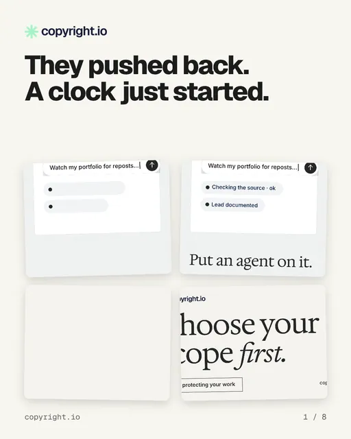 Carousel for copyright.io: "They pushed back. A clock just started.". Collection carousel, 8 slides, light palette.