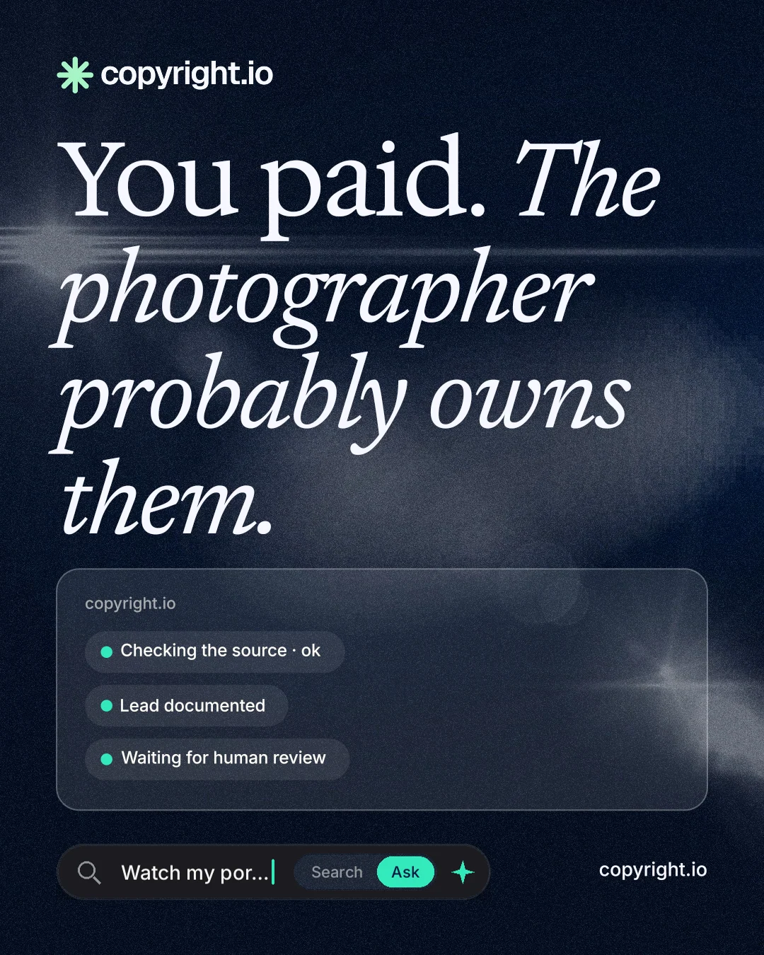 Instagram portrait post for copyright.io: "You paid. The photographer probably owns them." Thermal style, poster layout, dark palette in blue, black, grey.