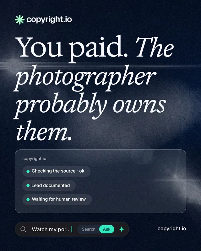 Instagram portrait post for copyright.io: "You paid. The photographer probably owns them." Thermal style, poster layout, dark palette in blue, black, grey.
