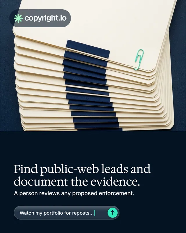 Instagram portrait post for copyright.io: "Find public-web leads and document the evidence." Agentic glass style, bottom layout, dark palette in yellow, black, blue.