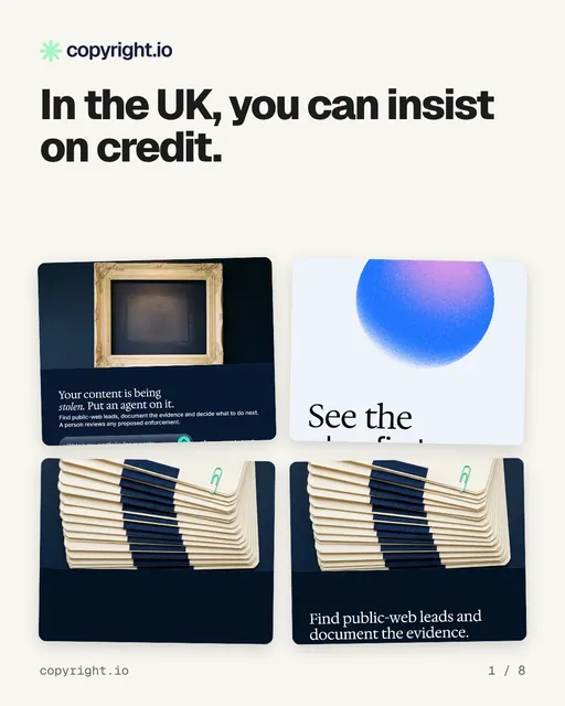 Carousel for copyright.io: "In the UK, you can insist on credit.". Collection carousel, 8 slides, light palette.