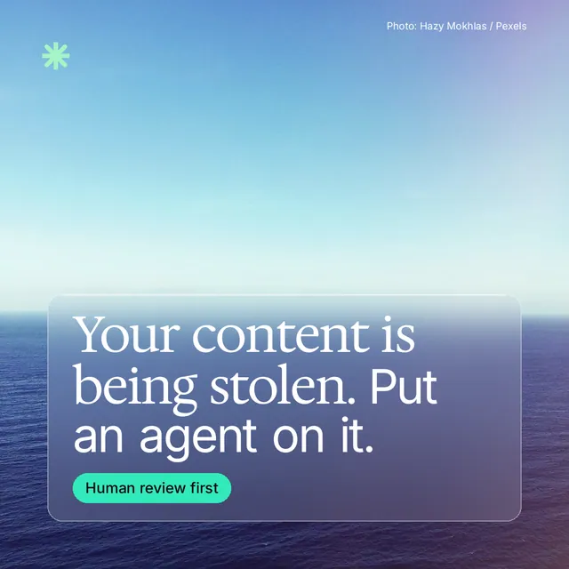 Instagram post for copyright.io: "Your content is being stolen. Put an agent on it." Glass style, technique:pexels ingredient layout, light palette in blue, teal.