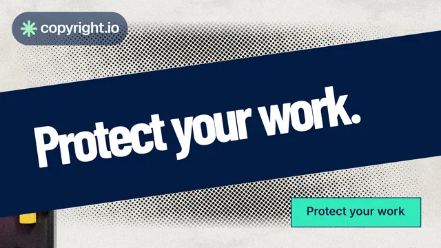 Landscape graphic for copyright.io: "Protect your work." Ink sticker style, diagonal layout, light palette in blue, green, grey.