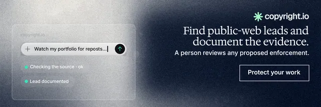 X header for copyright.io: "Find public-web leads and document the evidence." Cyanotype style, right layout, dark palette in black, blue, grey.