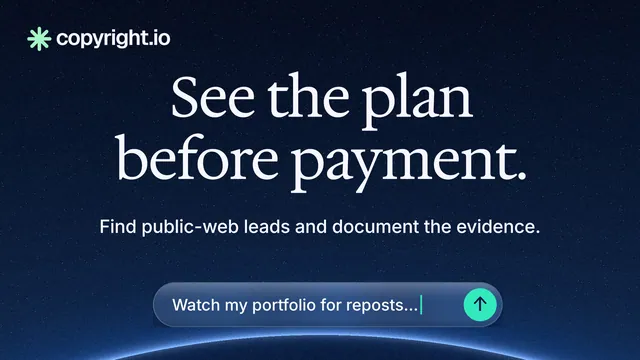 Landscape graphic for copyright.io: "See the plan before payment." Agentic glass style, centred layout, dark palette in blue, black.