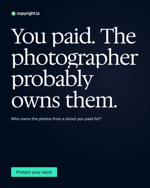 Video for copyright.io: "You paid. The photographer probably owns them.". Doc motion loop, 8.0 s, dark palette.