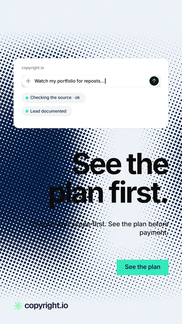 Instagram story for copyright.io: "See the plan first." Swiss style, right layout, light palette in white, blue.