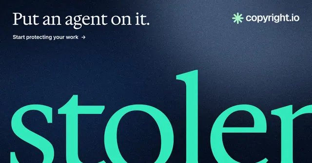 Social ad for copyright.io: "Put an agent on it." Agentic glass style, ogword layout, dark palette in blue, black, teal.
