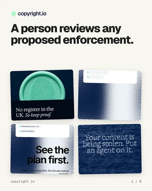 Carousel for copyright.io: "A person reviews any proposed enforcement.". Collection carousel, 8 slides, light palette.