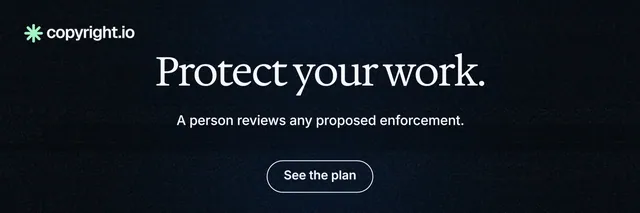 X header for copyright.io: "Protect your work." Phosphor atlas style, centred layout, dark palette in black, blue.